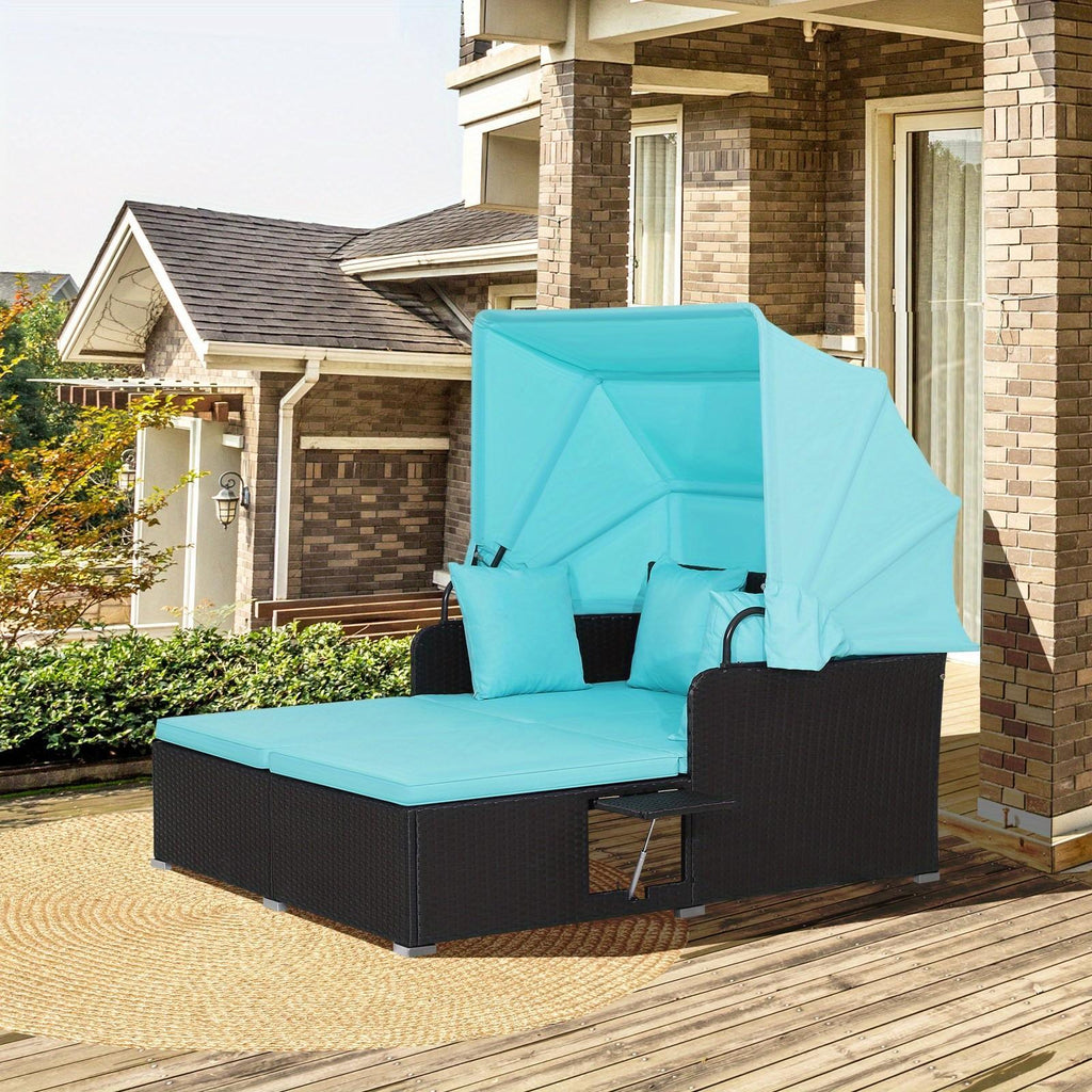 COSTWAY 2-Person Outdoor Daybed, Patio Double Chaise Lounger with Retractable Canopy And Side Tables, Wicker Sunbed with Cushions And Throw Pillows for Poolside Backyard Garden