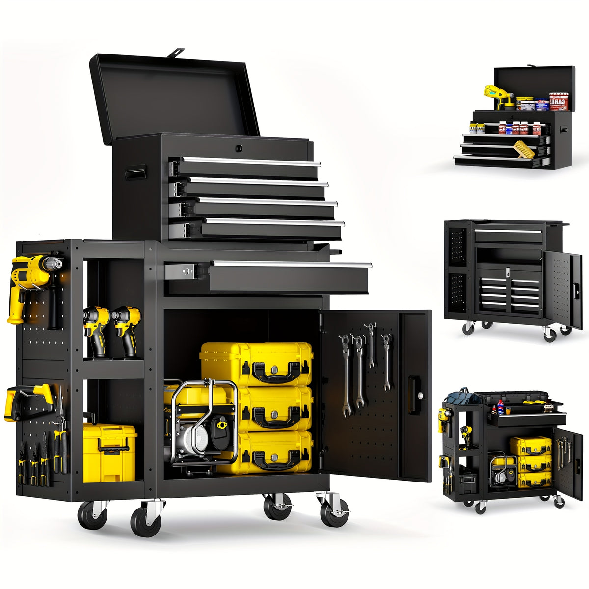 5/8-Drawer Rolling Tool Storage Cabinet with Side Cabinet, Metal Rolling Tool Chest with Wheels And Drawers, Detachable Top Tool Box, High Capacity Tool Storage Cabinet for Workshop Mechanics Garage, for Studios, Garages, Workshops