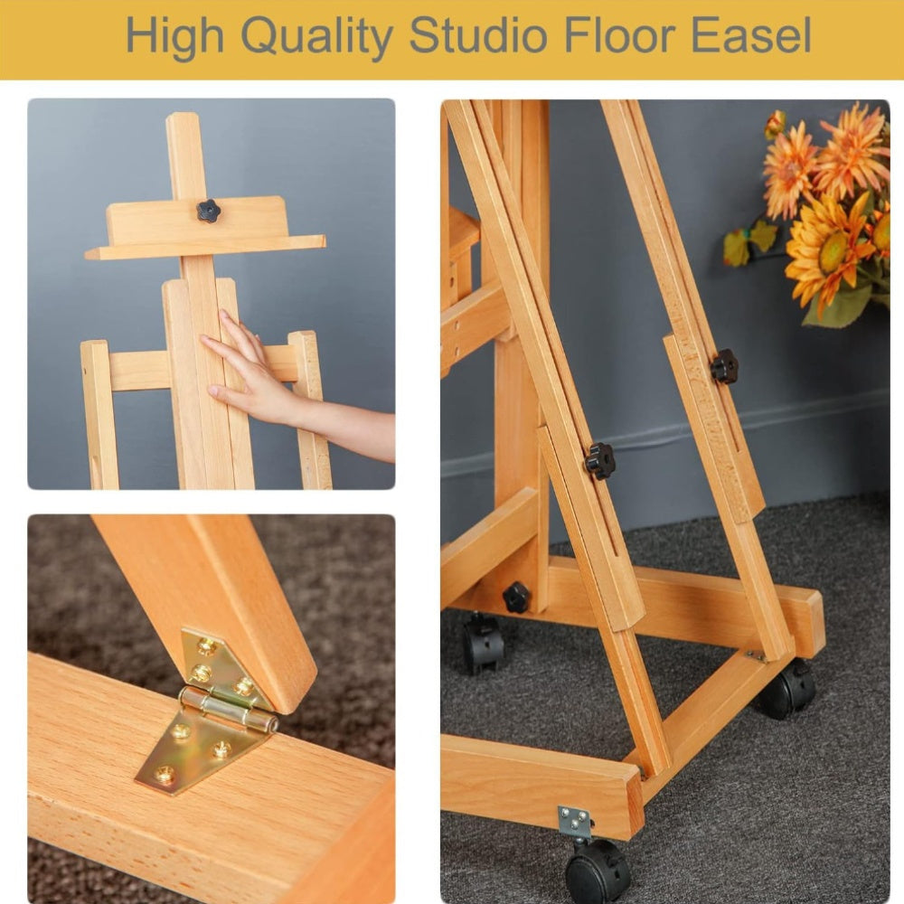 H Frame Easel Multi-Function Studio Easel Solid Beech Wood Easel Adjustable Painting Canvas Holder Stand Tilts Flat Artist Easel with Locking Caster Wheels