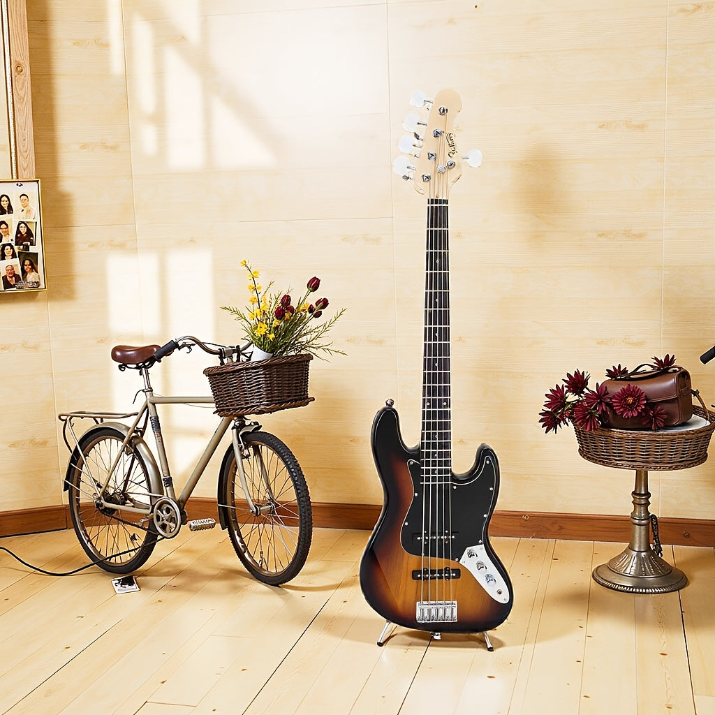 Complete Set: Full-Sized Gjazz Electric 5-String Bass Guitar in Burlywood, Including a , Strap, Pick, Connector, And Wrench Tool