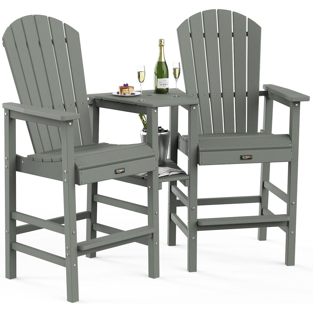 Tall Adirondack Chairs Set of 2 HDPE Balcony Chair with Double Connecting Tray Weather Resistant Outdoor Bar Stools for Patio Deck Lawn Pool Backyard Black