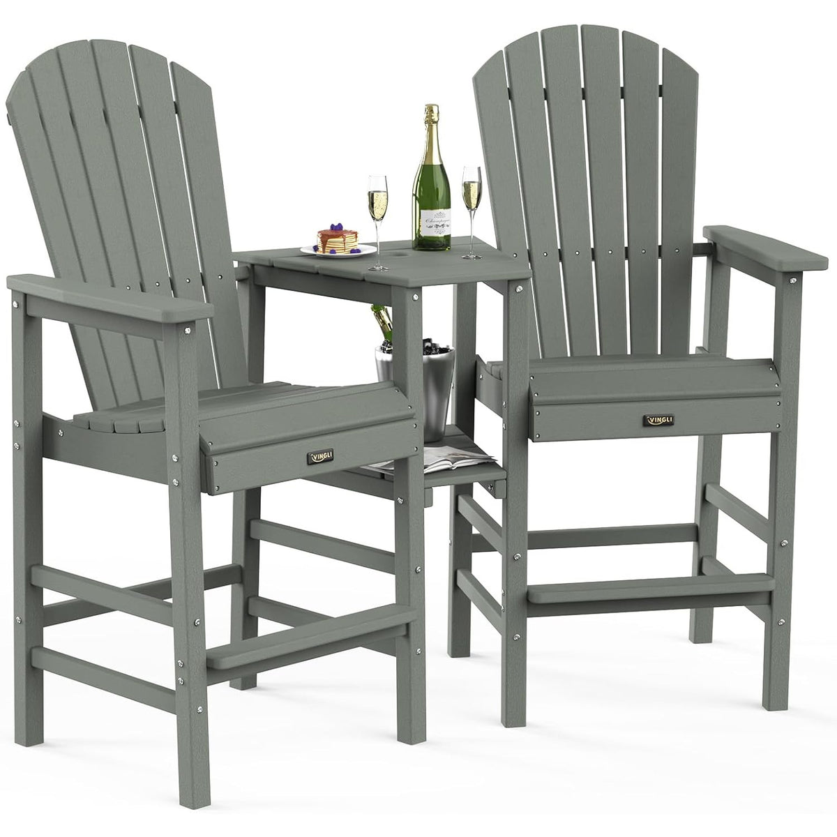 Tall Adirondack Chairs Set of 2 HDPE Balcony Chair with Double Connecting Tray Weather Resistant Outdoor Bar Stools for Patio Deck Lawn Pool Backyard Black