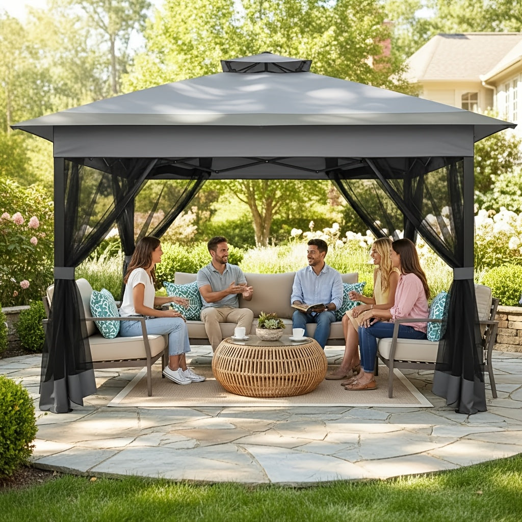13x13ft Pop-up Gazebo Canopy Tent - Upgraded Metal Outdoor Waterproof Canopy - Portable Gazebo with Mosquito Net, 4 Ropes And 4 Sandbags, 8 Ground Pegs And Tote Bag, Suitable for Lawns, Gardens, Backyards And Patios.