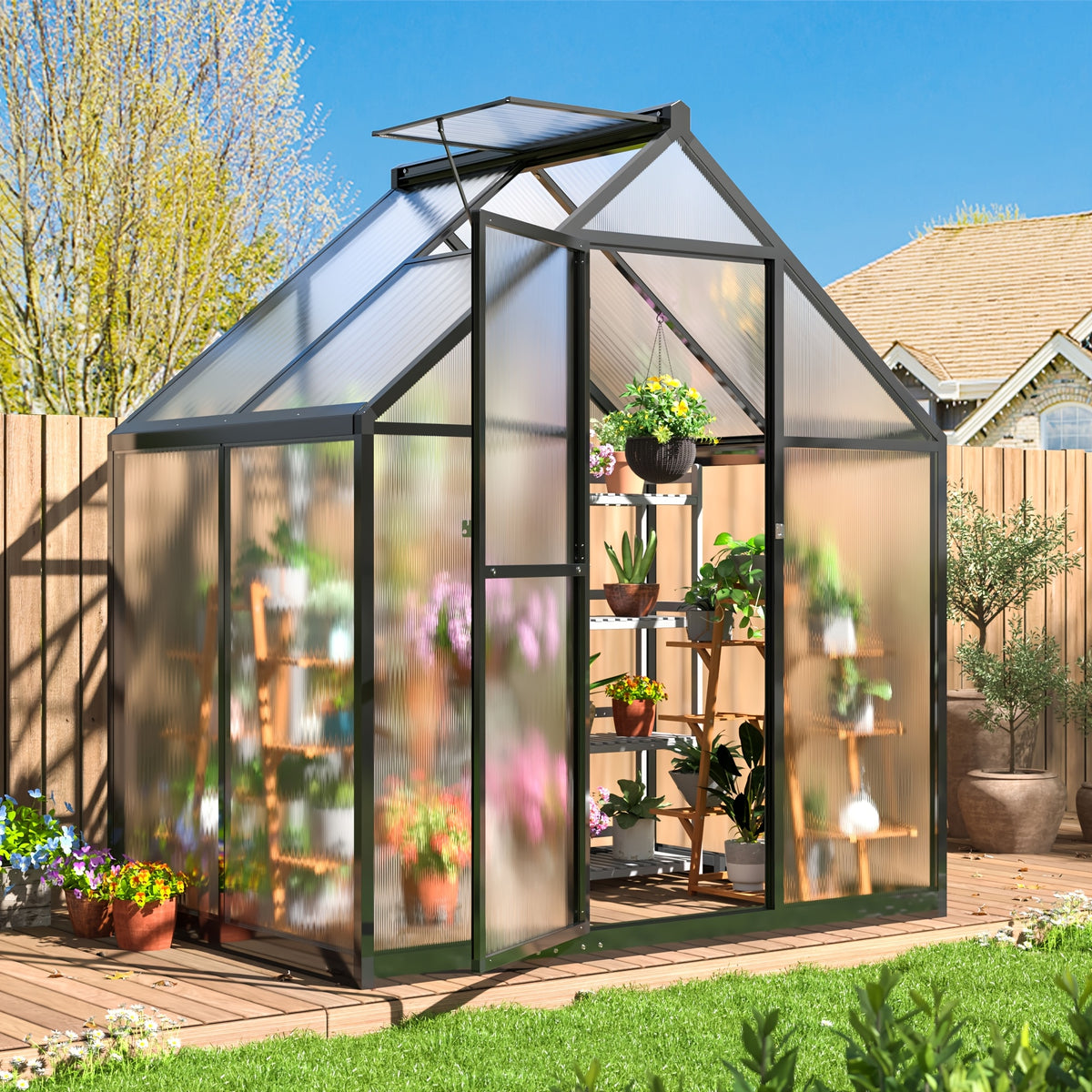 [Large Walk-in Greenhouse] VIWAT Greenhouse for Outdoors, Polycarbonate Greenhouse With Quick Setup Structure and Roof Vent, Aluminum Large Walk-in Greenhouse for Outside Garden Backyard, Garden Houses