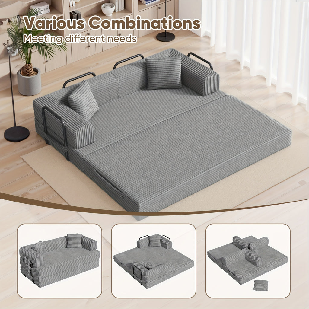 81"Convertible Floor Sleeper Sofa Bed - 3-Person Space-Saving Love Seat with Pull-Out Bed, Corduroy Boneless Compression Memory Foam, Comfy Lounge Couch for Living Room, Bedroom, Apartment, Office, No Assembly Required