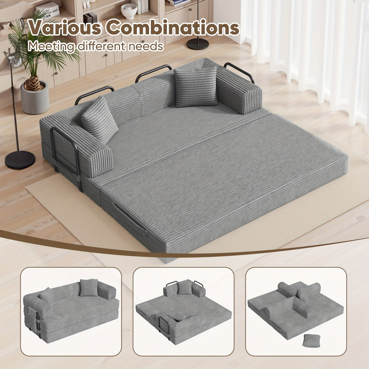 81"Convertible Floor Sleeper Sofa Bed - 3-Person Space-Saving Love Seat with Pull-Out Bed, Corduroy Boneless Compression Memory Foam, Comfy Lounge Couch for Living Room, Bedroom, Apartment, Office, No Assembly Required
