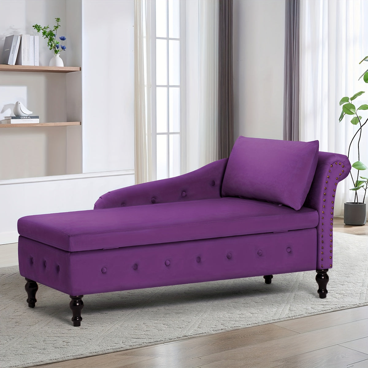 ACMEASE 57" Velvet Upholstered Storage Chaise Lounge With Pillow, Nailhead Trim Chaise Sofa For Living Room