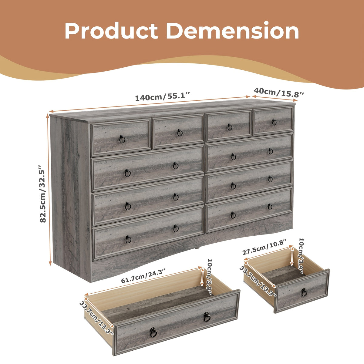 Prompt Taupe Grey/ Cherry Dresser For Bedroom, 10 Drawer Dresser, Modern Large Floor Storage Cabinet With Metal Sliding Rail, Vintage Handle Drawer Cabinet, Large Capacity Vertical Dressers For Home & Office