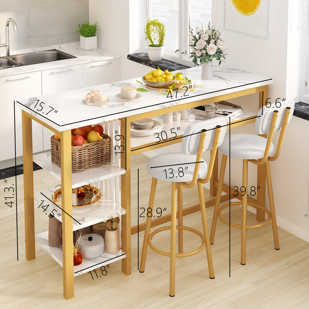 3pcs Dining Room Table Set with Faux Leather Upholstered Bar Stools, Modern Farmhouse Style Dining Table Set with Multiple Tier Storage Shelves, MDF Table Top and Metal Frame, Counter Height Breakfast Nook Table Set for Small Spaces Family