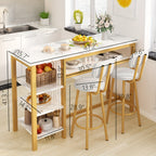 3pcs Dining Room Table Set with Faux Leather Upholstered Bar Stools, Modern Farmhouse Style Dining Table Set with Multiple Tier Storage Shelves, MDF Table Top and Metal Frame, Counter Height Breakfast Nook Table Set for Small Spaces Family