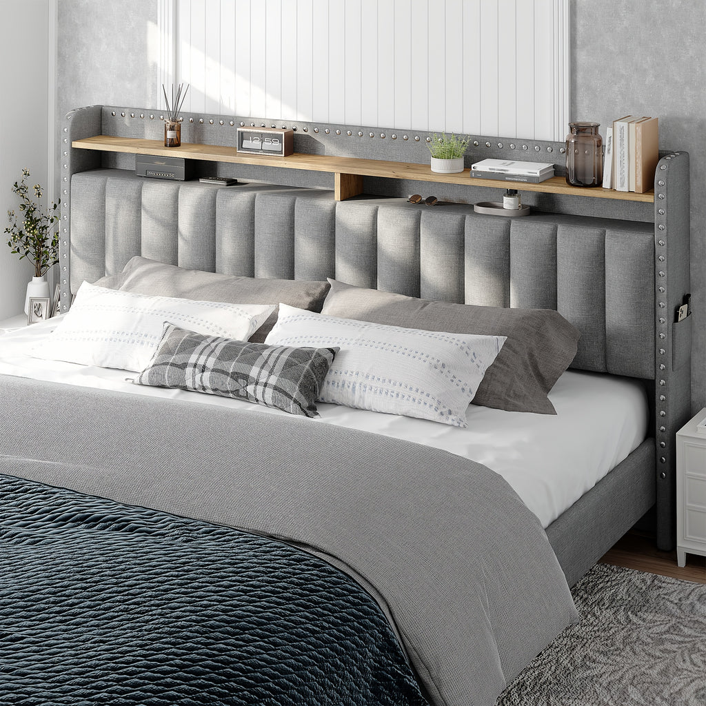 Soft Upholstered Bed Frame with 2 Storage Drawers & Naked Mattress Foundation | Full/Queen/King Size Low Profile Platform Bed Base, Heavy Duty 1000lbs Steel Frame, No Box Spring Needed for Apartments/Dorms | Easy Assembly (Gray/Beige)