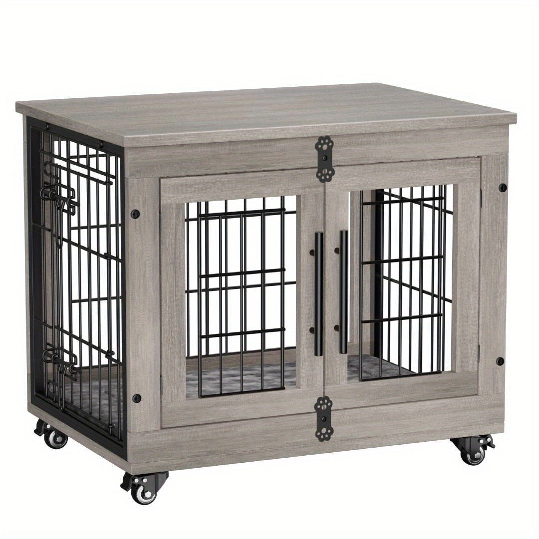 43/36/29/27in Furniture-style Wooden Dog Crate with Anti-Slip Mat, Adjustable Door, Secure Lock, Available In Gray/Brown, Easy to Move with Wheels Or Stable with Anti-Slip Foot Pads, Easy to Clean Pet Cage, Ideal for Home, Living Room Or Bedroom