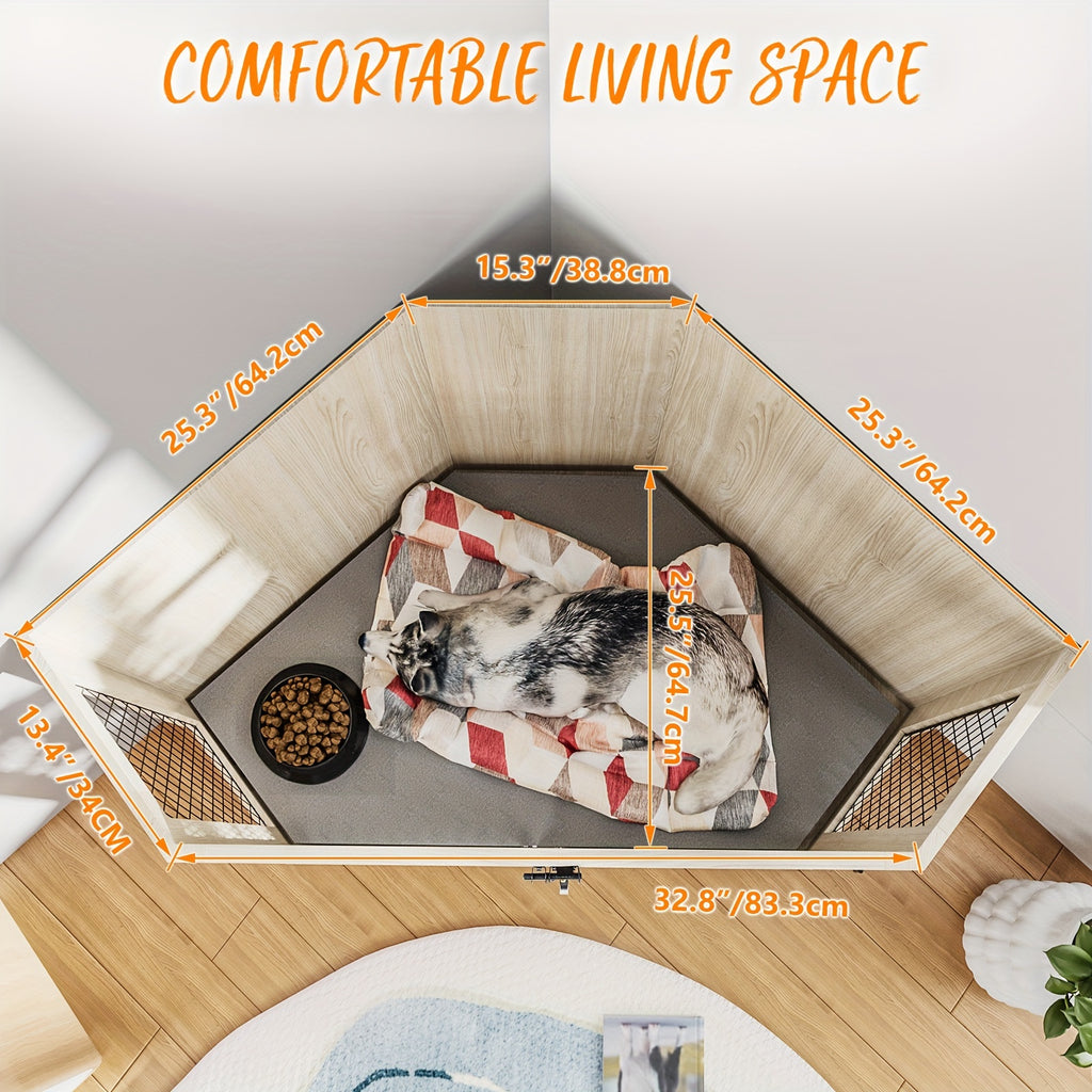 [Wooden Dog Kennel Furniture] Corner Dog Crate Furniture, 44/52Inch Wooden Dog Kennel Furniture with Mesh, Decorative Wood Dog House for Indoor Use, Dog Crate for Small/Medium Dog, Perfect for Limited Room