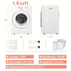 [Portable Dryer For Apartments] Compact Dryer 1.5/1.8/2.65 Cu. Ft. Portable Clothes Dryers With Exhaust Duct With Stainless Steel Liner Four Function Small Dryer Machine, Suitable For Apartments, Dorm, RVs, White