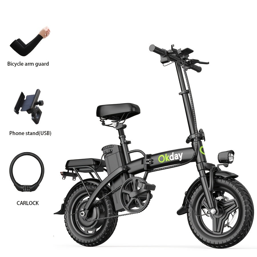 High-Power Electric Bicycle - Long Range, Foldable Portable Electric Scooter, Equipped with Dual Brakes, 14-Inch All-Terrain Tire Wheels, Dual Power Batteries/Electric Mode, Multi-Functional Bicycle, Iron-Carbon Alloy Frame