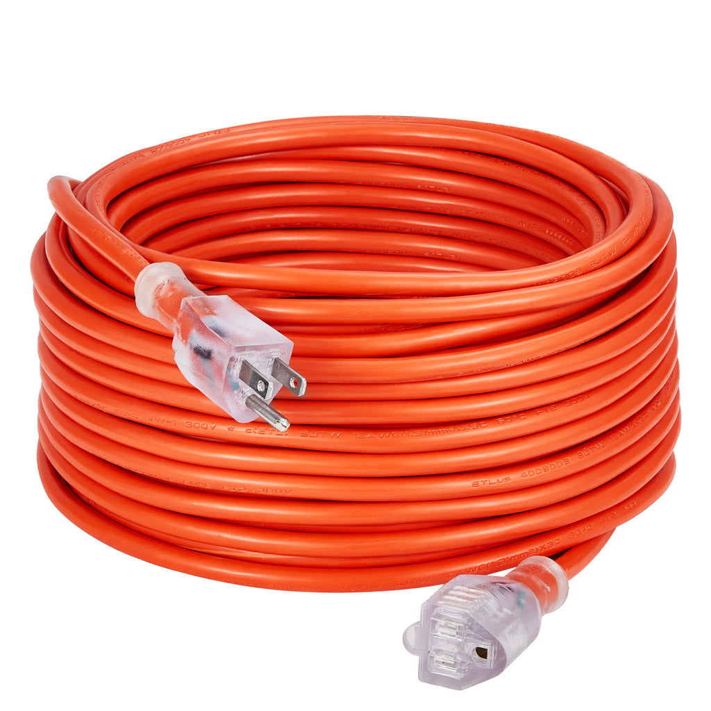 VEVOR 100FT Heavy Duty Extension Cord 16/12AWG 10/15A 1250W/1875W 3 Prongs with Lighted End
