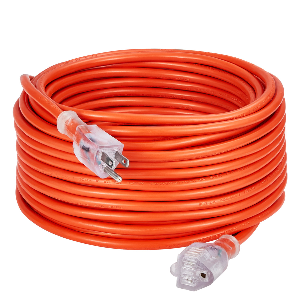 VEVOR 100FT Heavy Duty Extension Cord 16/12AWG 10/15A 1250W/1875W 3 Prongs with Lighted End