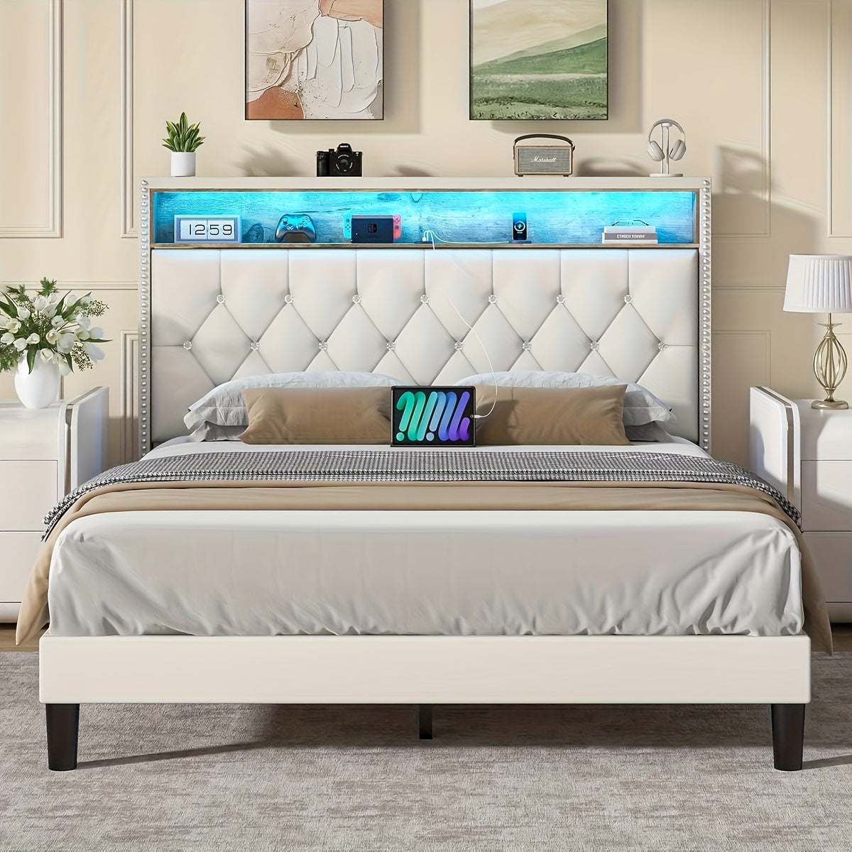 Bed Frame with LED Lights, Velvet Upholstered Platform Bed with Storage Headboard, Charging Station And Diamond Tufted Design - No Box Spring Required - Easy Assembly - Black
