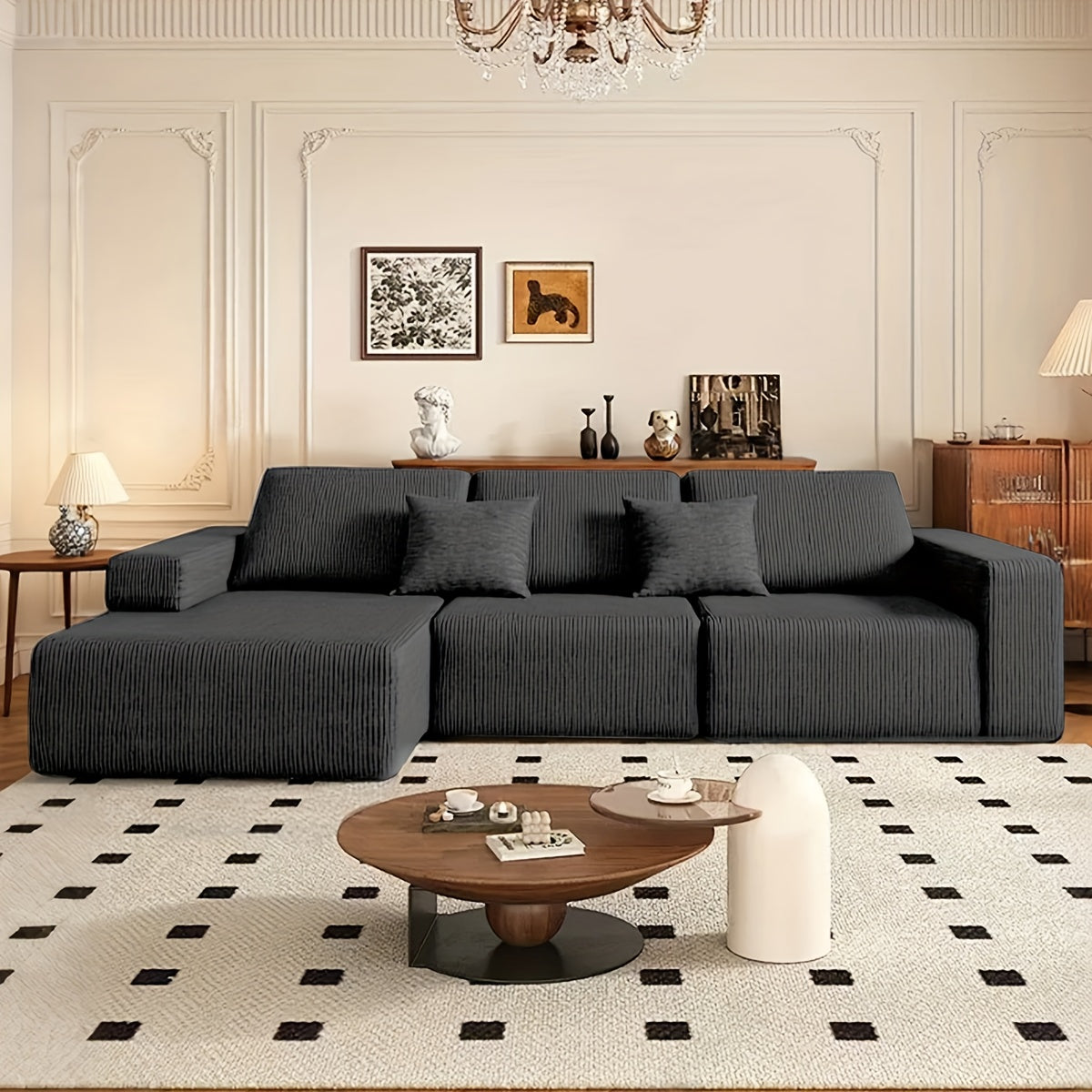 108-inch Modular Sectional Sofa, L-Shaped Cloud Couch with Chaise, Black Plush Fabric, Deep Seat Upholstered Couches for Living Room, Boneless Sofa