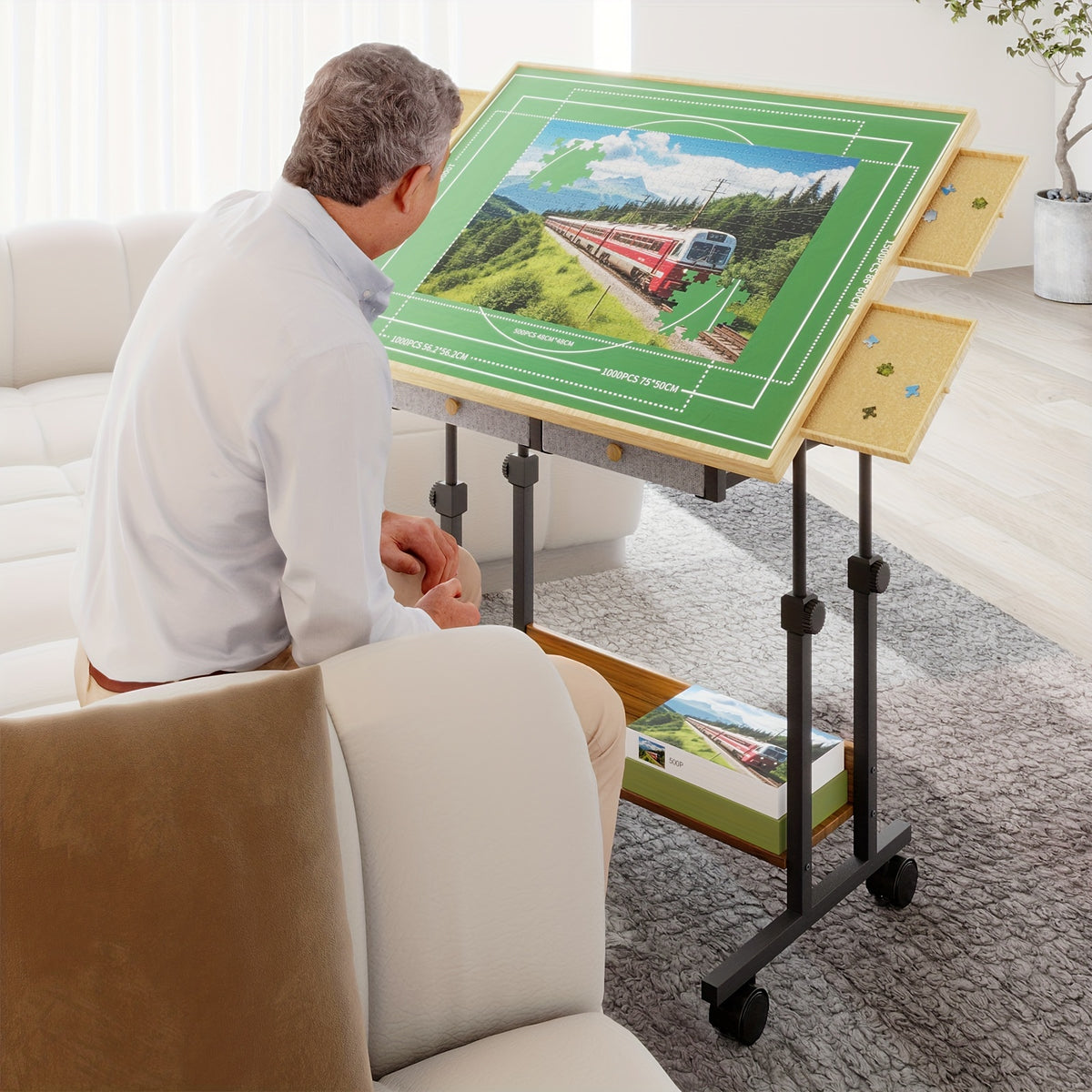 Puzzle Table with Legs, Adjustable 5-Tilting-Angle Board with 6 Drawers & Cover, 35"x 26" Wooden Puzzle Board with 4 Wheels for Adults