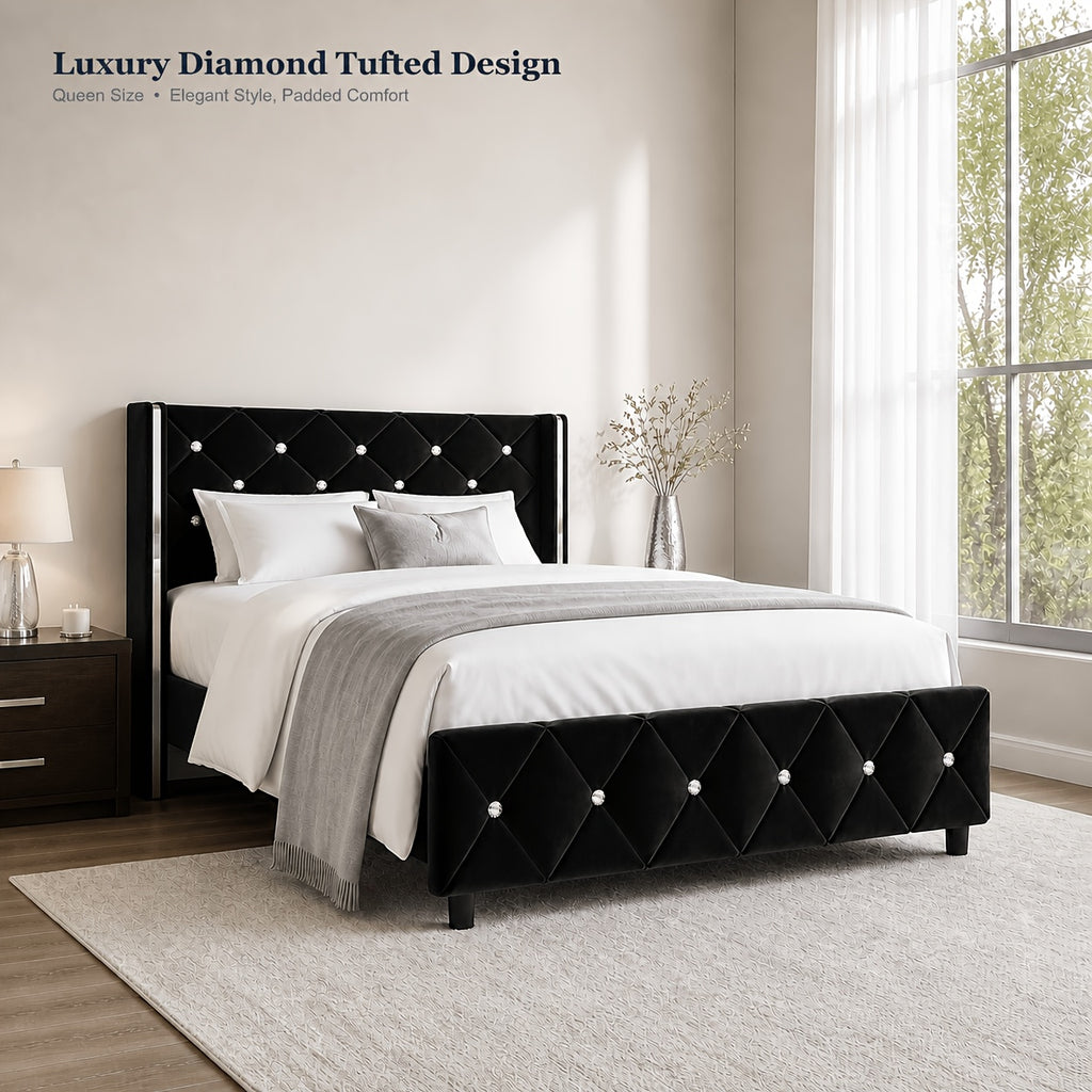 Twin Full Queen King Size Bed Frame, Upholstered Bed Frame with Diamond Tufted Headboard, Modern Silvery Side Wing Back, No Box Spring Needed, Easy Assembly, Purple, Black, Blue, Green, Pink, White
