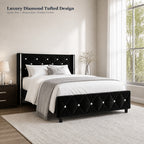 Twin Full Queen King Size Bed Frame, Upholstered Bed Frame with Diamond Tufted Headboard, Modern Silvery Side Wing Back, No Box Spring Needed, Easy Assembly, Purple, Black, Blue, Green, Pink, White