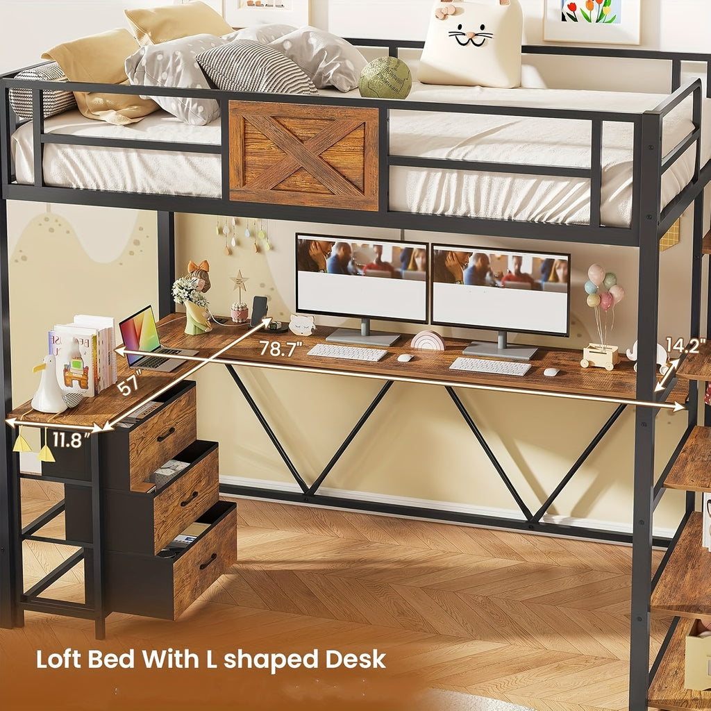Stairway Twin Size Loft Bed with L Shaped Desk and Wardrobe, Metal Loft Bed Frame with Storage Stairs, 3 Drawers and LED Lights