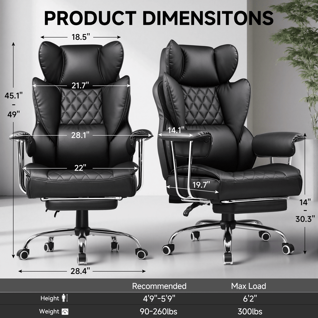 Executive Office Chair for Heavy People, Gaming Chair, Ergonomic Wide Desk Computer Chair with Pocket Spring Lumbar Support, Footrest, Outward Fixed Soft Armrests, High Back PU Leather, Height Adjustable, Big and Tall