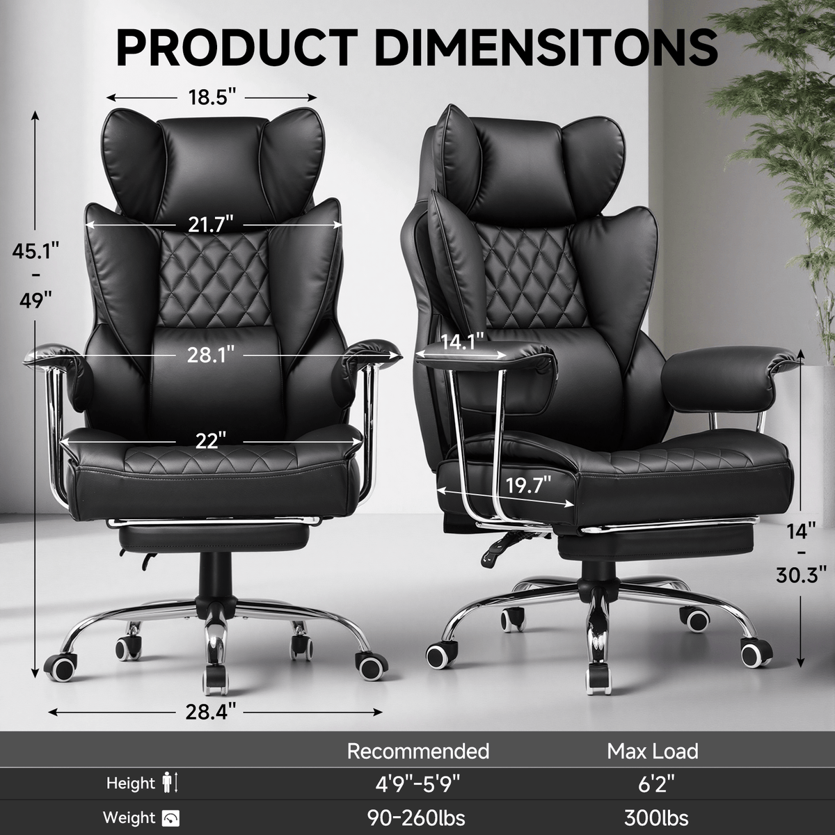 Executive Office Chair for Heavy People, Gaming Chair, Ergonomic Wide Desk Computer Chair with Pocket Spring Lumbar Support, Footrest, Outward Fixed Soft Armrests, High Back PU Leather, Height Adjustable, Big and Tall