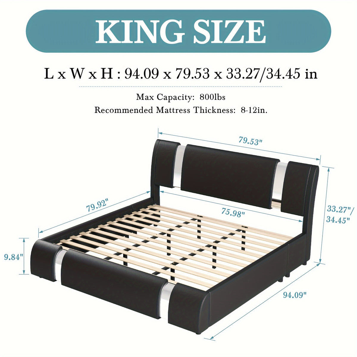 HOOMIC Modern Faux Leather Bed Frame With Iron Pieces Decor - Low Profile Platform Bed With Height-Adjustable Headboard, Solid Wood Slat Support, No Box Spring Needed - For Adults - Suitable for Modern & Contemporary Bedrooms - Perfect Gift for Housewarmi