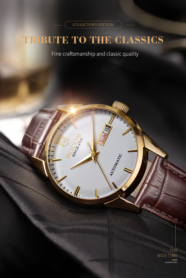ROCOS Men's Watches High-end Business Watch for Men Automatic Mechanical Watch Classic Big Three Hands Golden Case Calfskin Strap Double Push Butterfly Buckle Calendar Day Of The Week Gift for Boyfriend