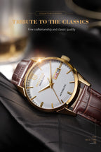 ROCOS Men's Watches High-end Business Watch for Men Automatic Mechanical Watch Classic Big Three Hands Golden Case Calfskin Strap Double Push Butterfly Buckle Calendar Day Of The Week Gift for Boyfriend