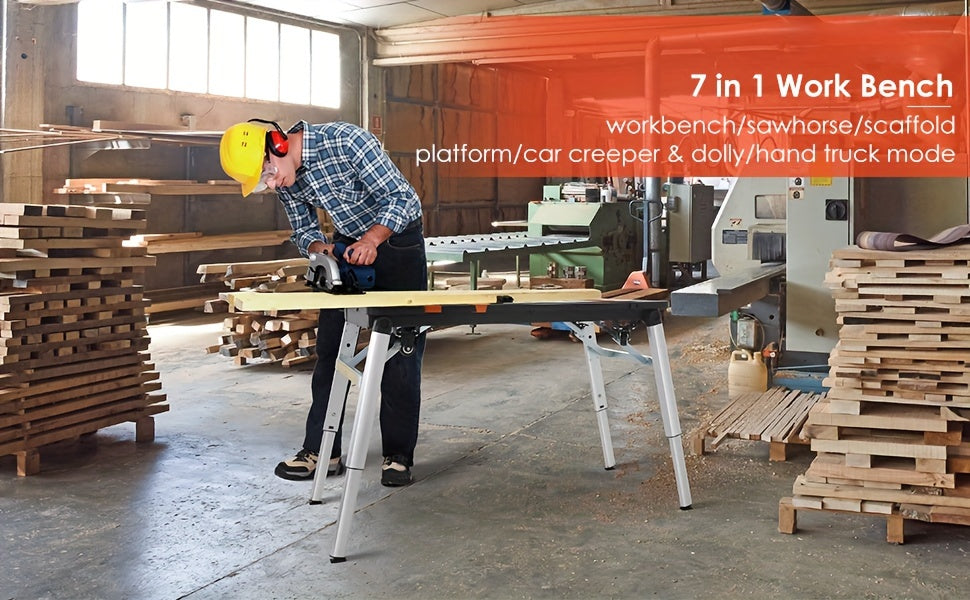 7in 1 Multifunctional Work Benches with Power Outlet, Folding Work Table for Garage, As Portable Workbench, Sawhorse, Scaffold, Platform, Car Creeper, Dolly And Hand Truck, with 4 Wheels, Requires No Assembly