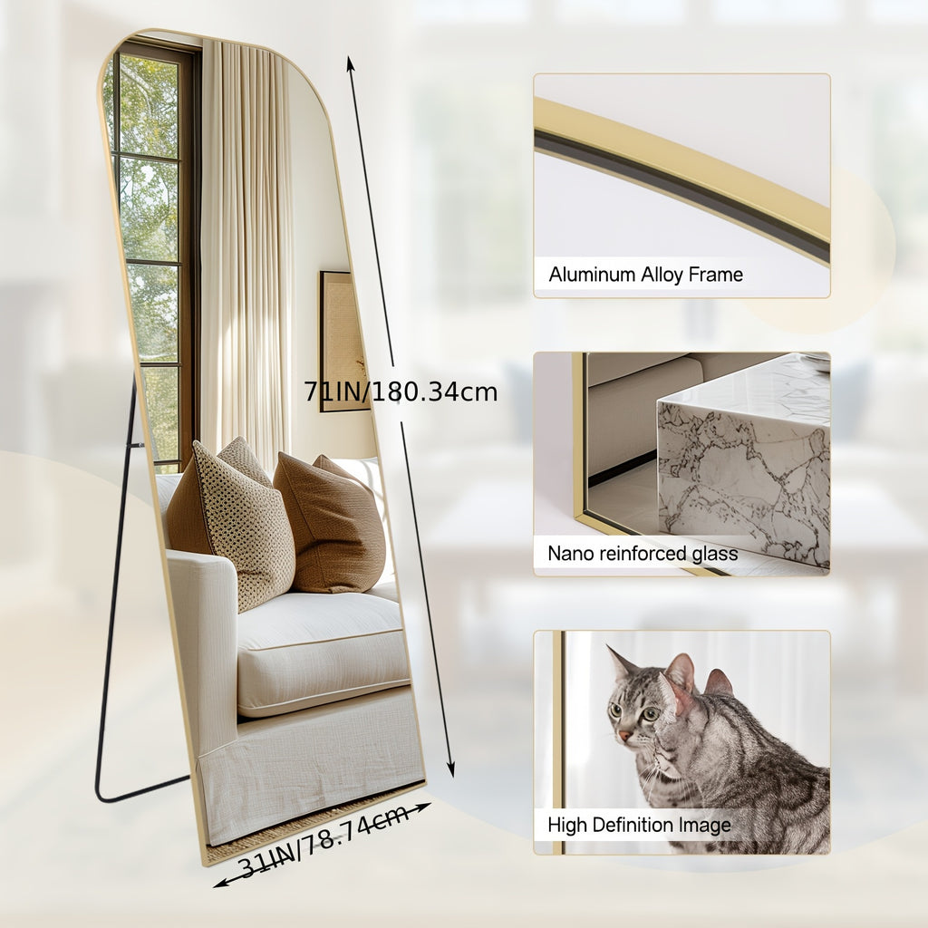 30 X 71 Inch Full Length Mirror, Golden Wall Full Body Mirror Full Length with Stand, Rounded Top Floor Mirror with Aluminum Alloy Frame for Bedroom Living Room