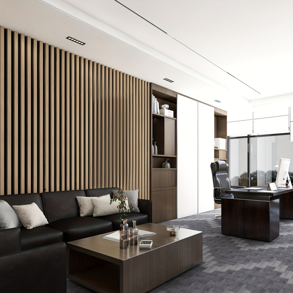 4-Sheet 93" X 12" Textured Wood-Look 3D Wall And Ceiling Tiles Noise Insulating MDF Grille Design, 31 Sq.Ft Coverage with Screws X56