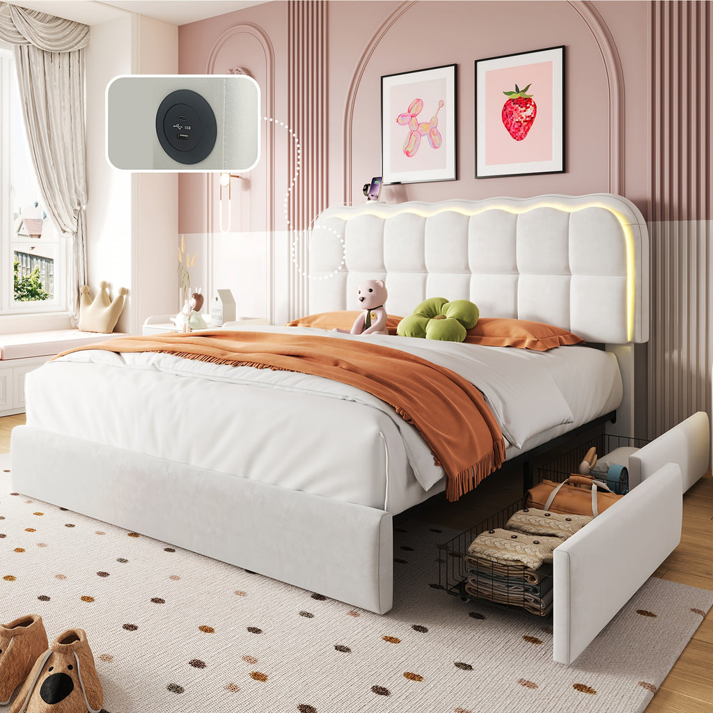 MRAEER Twin/Full/Queen Bed Frame | LED Lighting, 2/4 Storage Drawers, Cloud-Style Soft Headboard, Velvet Modern Platform Bed, Mattress Not Required, Halloween/Christmas Gift, White/Pink/Grey, Hardwood and Metal Construction