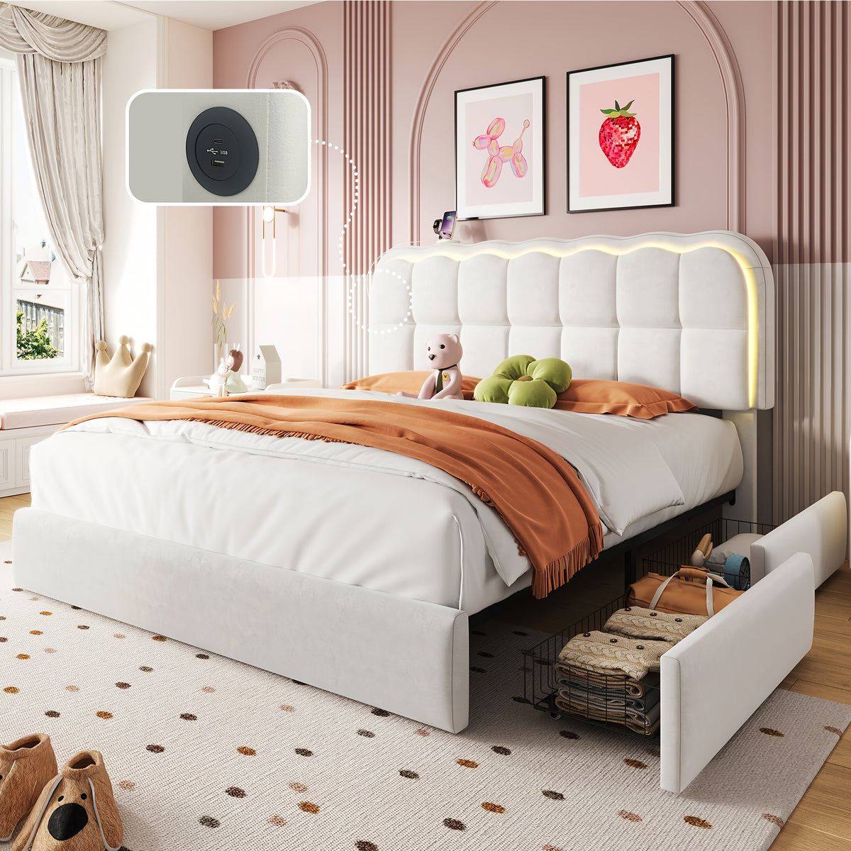 MRAEER Twin/Full/Queen Bed Frame | LED Lighting, 2/4 Storage Drawers, Cloud-Style Soft Headboard, Velvet Modern Platform Bed, Mattress Not Required, Halloween/Christmas Gift, White/Pink/Grey, Hardwood and Metal Construction