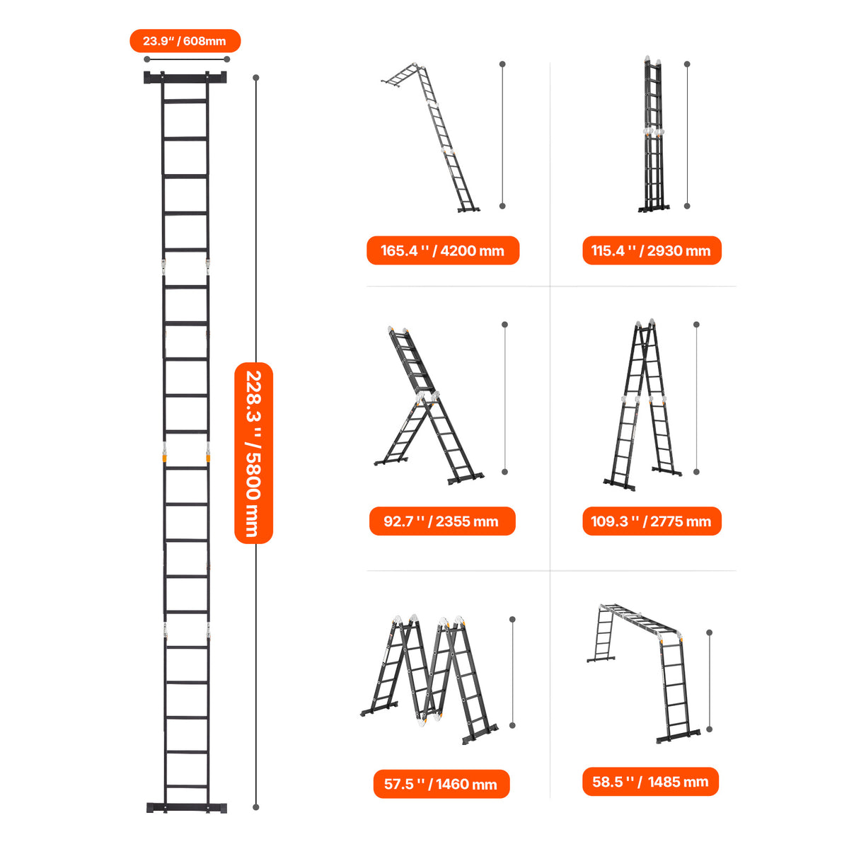 VEVOR Multi-Purpose Folding Ladder 7-in-1 3/4/5 Step 15.5ft with Scaffolding Plank/No accessories