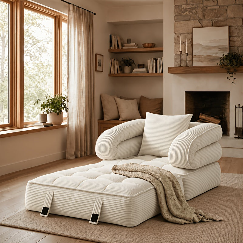 3-in-1 Convertible Folding Sofa Bed, Floor Futon Couch Cloud Shaped Corduroy Upholstered, High-Density Foam Ultra-Soft Comfy Lounge Bean Bag Chair, Versatile Pull-Out Sleeper for Living Room Guest