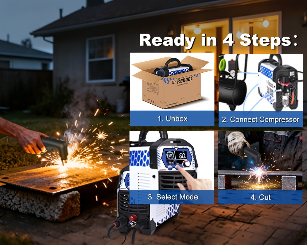 Reboot Plasma Cutter Non-High Frequency Non-Touch Pilot Arc, 120V/240V Dual Voltage, 1 Inch Max Cut 5/8 Inch Clean Cut, Mesh Cutting, 2T/4T, Large LED Display for Beginners