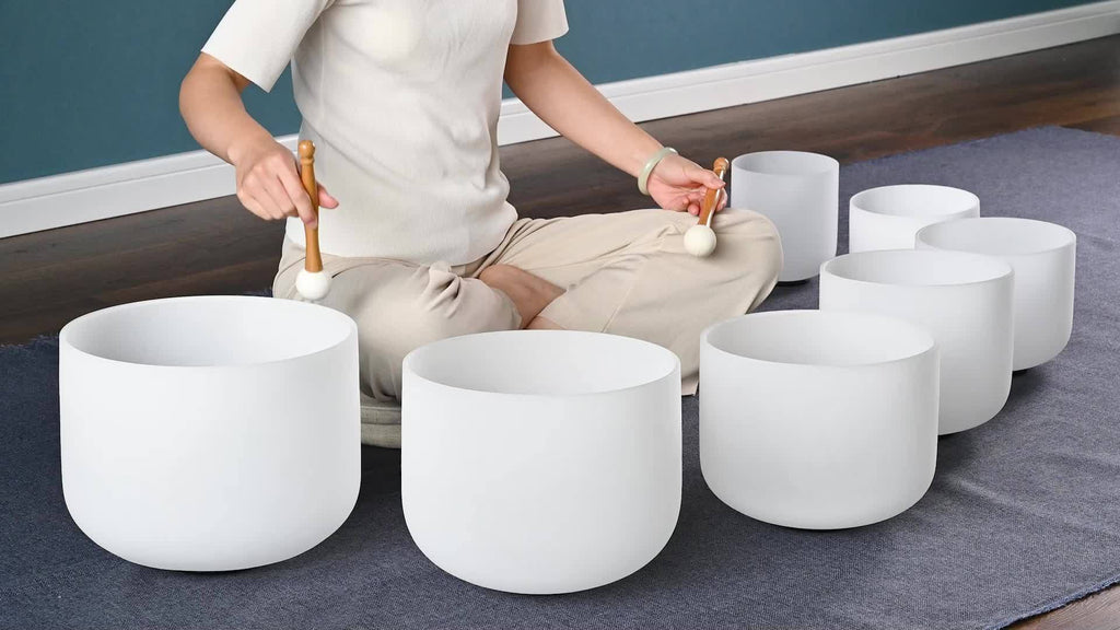 432Hz 6"-12" Set of 7 Chakra Frosted Quartz Crystal Singing Bowl Sound Bath Bags, Frosted Chakra Quartz Crystal Singing Bowls for Bath Sound Bowls Meditation Set Yoga