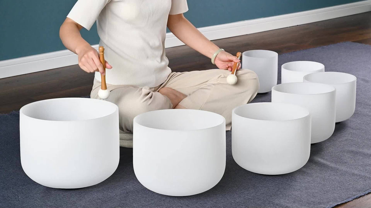 432Hz 6"-12" Set of 7 Chakra Frosted Quartz Crystal Singing Bowl Sound Bath Bags, Frosted Chakra Quartz Crystal Singing Bowls for Bath Sound Bowls Meditation Set Yoga