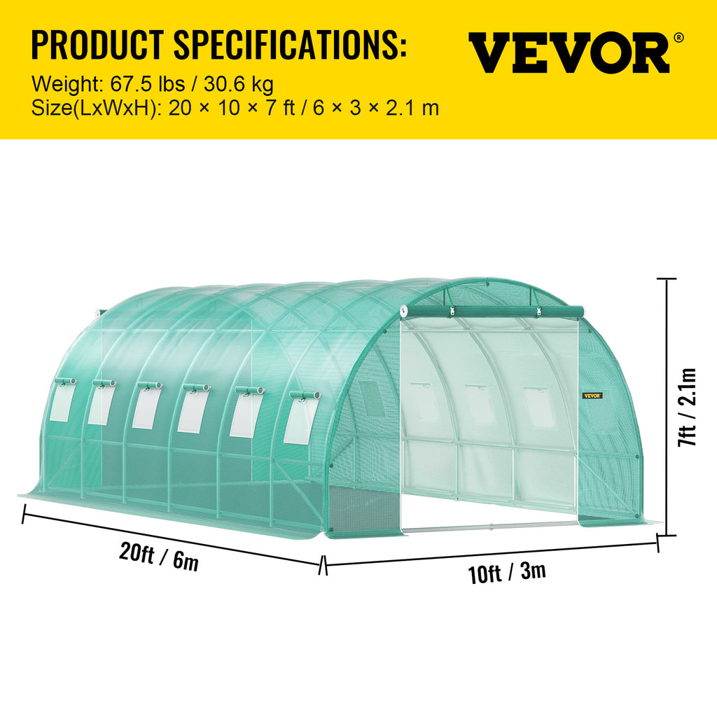 Walk-In Tunnel Greenhouse by VEVOR, 20 x 10 x 7 ft Plant Shelter with 12 Mesh Windows and Two Zippered Doors