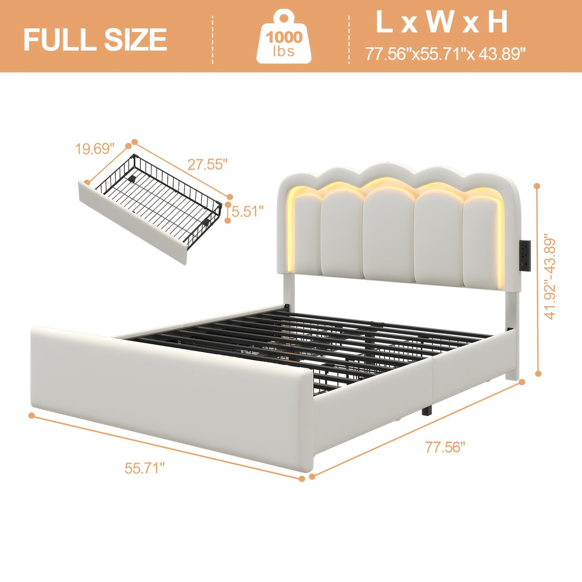 Upholstered Platform Bed Frame with 4 Storage Drawers & Adjustable Headboard, Full/Queen Size Bed Frame with LED Lights & Charging Station, Strong Metal Slats Support, No Box Spring Needed, Easy Assembly, Black/White
