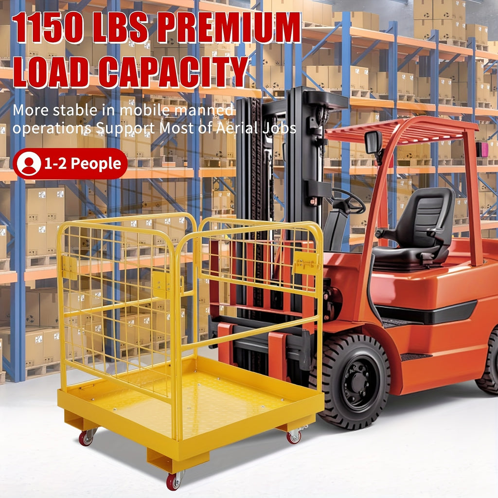 Forklift Safety Cage, 1200lbs Capacity Forklift Man Basket, 36'' X 36'' Foldable Forklift Work Platform For 1-2 People With 4 Wheels, Service Car Cage, Perfect For Aerial Work