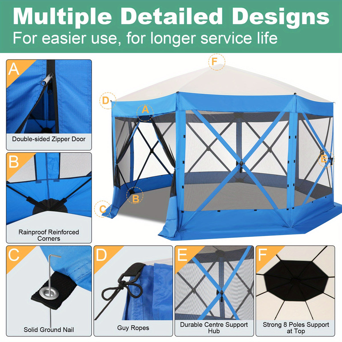 12X12Ft Pop-Up Canopy, Without Cloths, with Octagonal Mesh, One Person Can Quickly Build with a Handbag And Ground Pile, Suitable for Camping, Outdoor Activities
