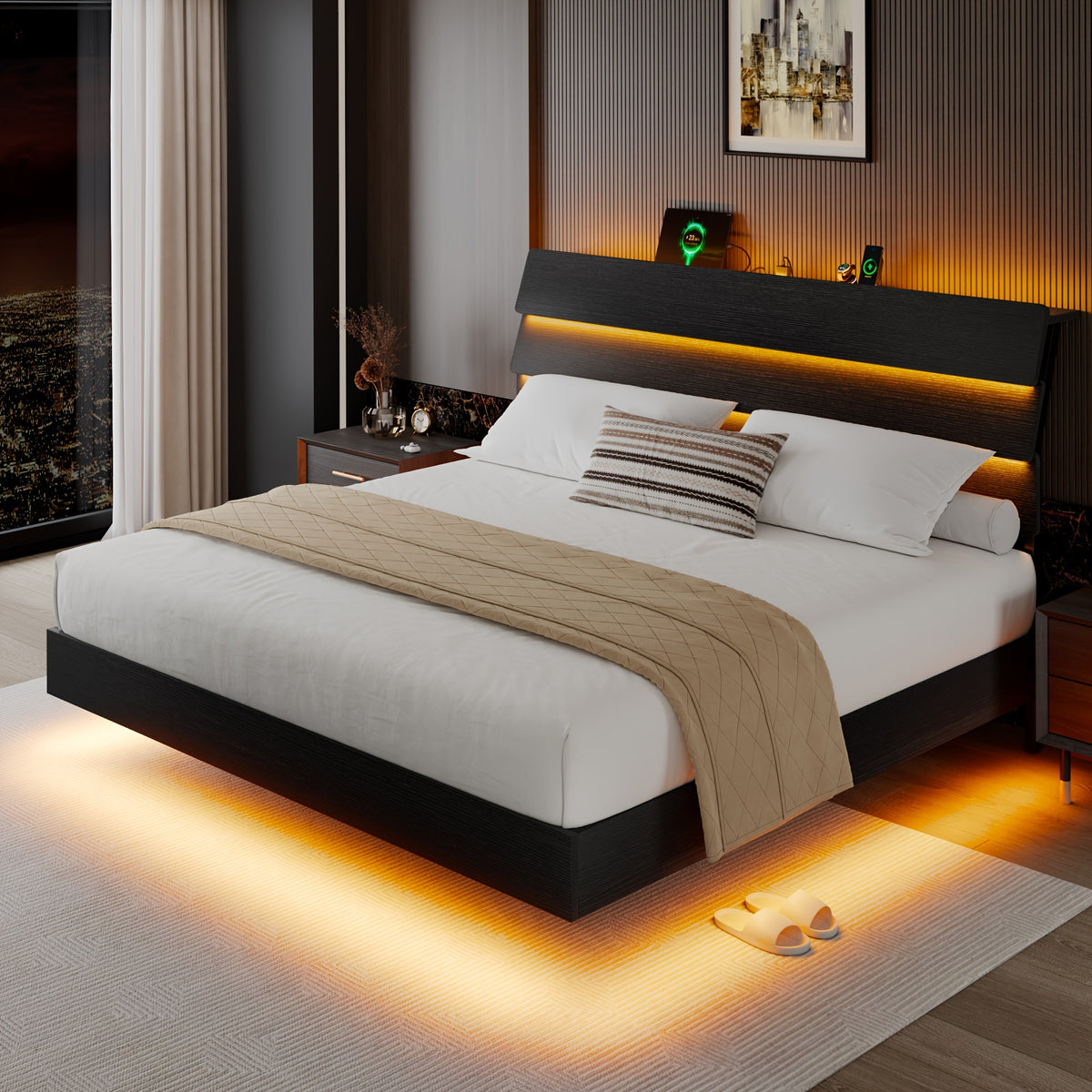 Valnase Floating Bed Frame with LED Lights & Charging Station, Platform Bed with Wooden Storage Headboard, Steel Slats Support, Easy Assembly