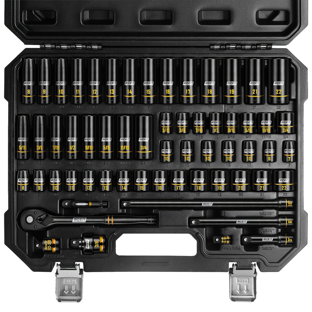 [60pcs Socket Set] BOEN 60pcs 3/8" Drive Impact Socket Set, 6-Point Sockets, Metric 6-22Mm & SAE 5/16"-3/4", Shallow & Deep Sockets, Ratchet Wrench Included, 7pcs 10Mm Sockets with Yellow Embossed Marking for Automotive Repair