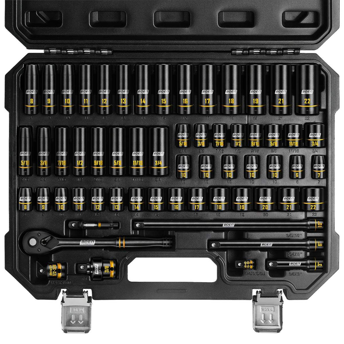 [60pcs Socket Set] BOEN 60pcs 3/8" Drive Impact Socket Set, 6-Point Sockets, Metric 6-22Mm & SAE 5/16"-3/4", Shallow & Deep Sockets, Ratchet Wrench Included, 7pcs 10Mm Sockets with Yellow Embossed Marking for Automotive Repair