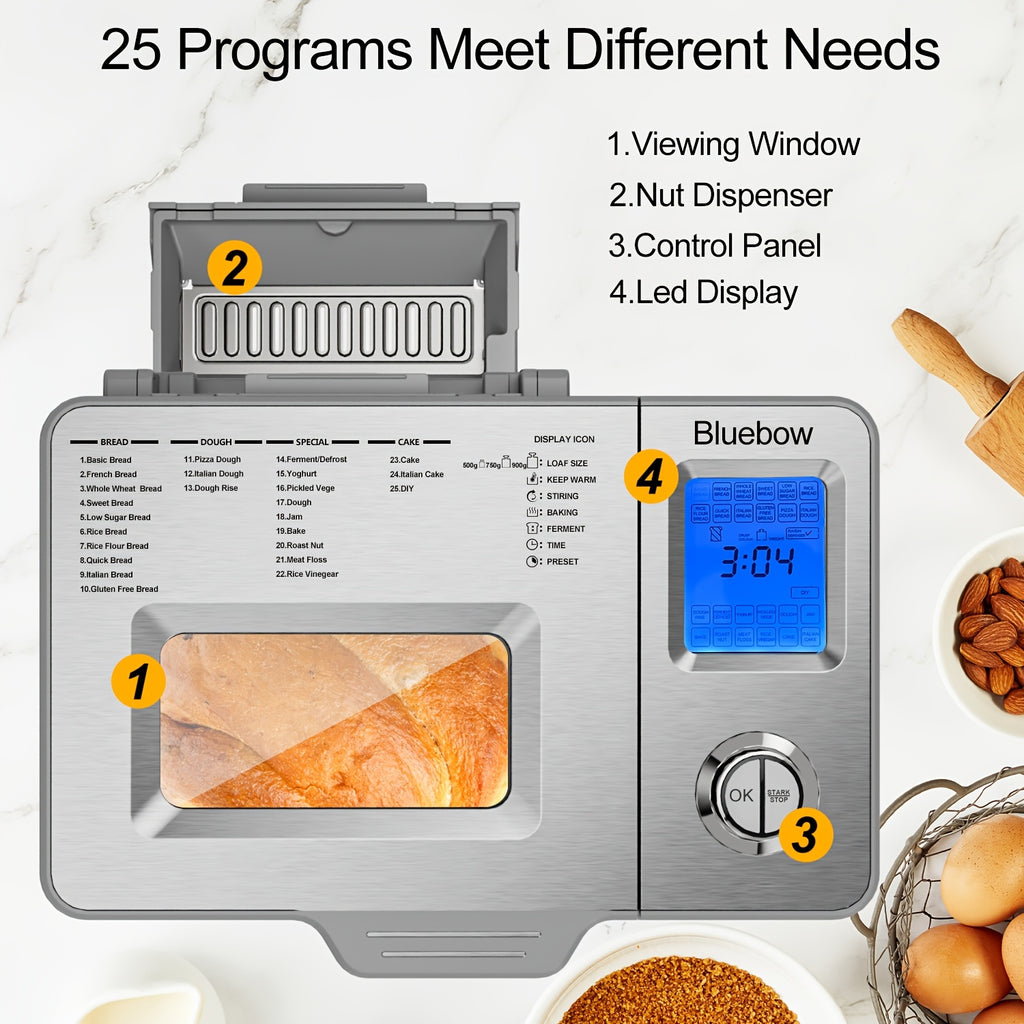 25-in-1 Bread Maker, 2LB Bread Machine With Auto Fruit/Nut Dispenser, Gluten-Free Setting, 3 Loaf Sizes& 3 Crust Colors, Keep Warm&13H Delay Timer, Digital Display, Stainless Steel
